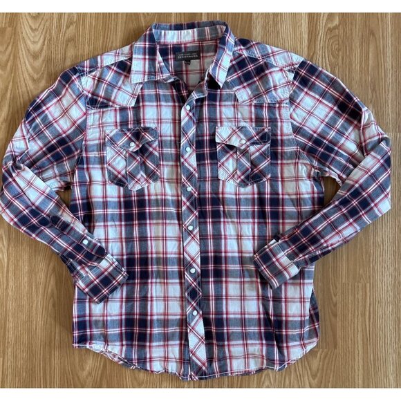 Denver Hayes Lg Mens Classic Fit Red Navy Pearl Snap Plaid Western Shirt Cotton - Picture 1 of 9